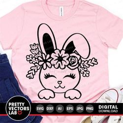 Easter Bunny Svg, Floral Bunny Cut File, Bunny Face Svg Dxf Eps Png, Spring Clipart, Baby Svg, Girls Shirt Design, Rabbi