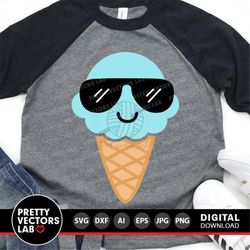 Ice Cream Svg, Summer Cut File, Beach Svg, Dxf, Eps, Png, Ice Cream with Sunglasses Svg, Vacation Clipart, Kids Shirt Sv