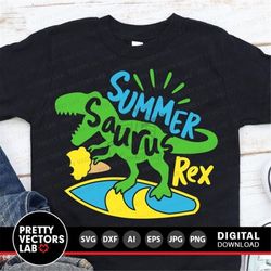 Summer Saurus T-Rex Svg, Dinosaur Svg, Dxf, Eps, Png, Funny Dino Cut Files, Kids Shirt Design, Last Day of School Clipar