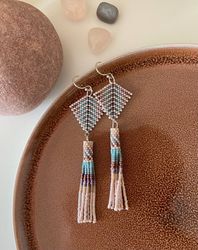 Pale pink blue tassel beaded earrings, lightweigh vibrant shades dangle earrings, boho bohemian hippie jewelry, perfe