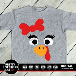 Girls Thanksgiving Svg, Girl Turkey Face Svg, Cute Turkey with Bow Svg Dxf Eps Png, Kids Cut Files, Turkey Shirt Design,