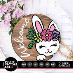 Easter Svg, Floral Bunny Cut Files, Welcome Spring Svg Dxf Eps Png, Door Hanger Svg, Easter Clipart, Farmhouse Sign Svg,