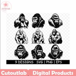 Silverback Gorilla Giant Large Primate Male Strength Mammal PNG,SVG,Eps,Cricut,Silhouette,Cut,Laser,Stencil,Sticker,Deca