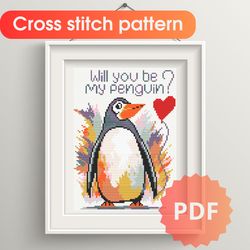 Cross stitch pattern PDF, Will you be my penguin, cross stitch pattern Penguin, digital cross stitch chart, gift idea