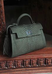 Top handle green khaki classy IDA genuine python skin bag | exotic leather bags | Elegant everyday women purse |