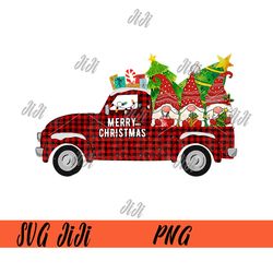 Three Gnomes in Red Truck PNG, With Merry Christmas Tree PNG