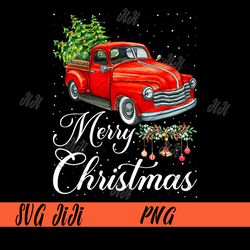 Vintage Merry Christmas Wagon PNG, Red Truck Tree On Car Xmas PNG
