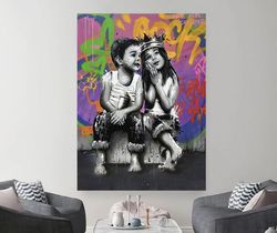 Banksy Art Canvas Print, Banksy Graffiti Kids Sweet Kiss  Street Art, Colorful Wall Art Decoration, Ready To Hang Home D