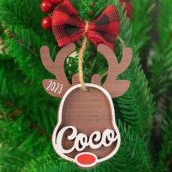 Personalized Rudolph Reindeer Wooden Ornament - Custom Kids Names 2 Layers with Bow