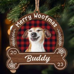 merry woofmas: personalized snowdome wooden ornament - unique dog christmas gift