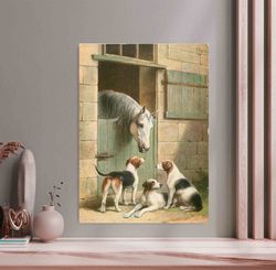 Dogs and Horse at Stable Framed Oil Painting Reproduction Print on Canvas TrendCanvas