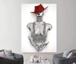 woman with red hat 3d effect painting, silver glitter textured canvas painting, croupier woman canvas painting