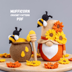 Crochet patterns Bee gnome with sunflower and pot of honey, Crochet flower pattern, Gnome amigurumi pattern, Crochet bee