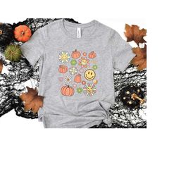 Pumpkins & Flowers Shirt, Pumpkins Floral T-Shirt, Cute Pumpkin Shirt, Retro Graphic Fall Tee, Vintage Fall Shirt, Happy