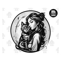 Charming Girl with Cat PNG - Black and White Sublimation Designs, Graphics - Digital Download, Printable Art - Cat Lover
