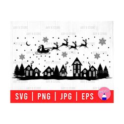 Santa Sleigh With Village Scene Svg Png Eps Jpg Files | Christmas Night Scene Digital Files For DIY T-shirt, Sticker, Decoration, Sign, Gift