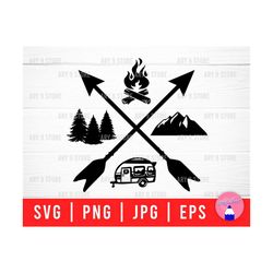 Camping Arrow Svg Png Eps Jpg Files | Mountain & Forest With Campfire Svg Files For DIY T-shirt, Sticker, Mug, Camping Buckets, Wood Sign