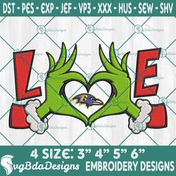 Grinch Hands Love Baltimore Ravens Embroidery Designs, Baltimore Ravens Football Embroidery, Grinch Christmas Embroidery