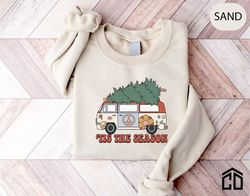 Tis The Season Sweatshirt Christmas Sweater Hippie Van Caravan and Tree Hoodie Cute Holiday Crewneck Shirt Boho Pullover
