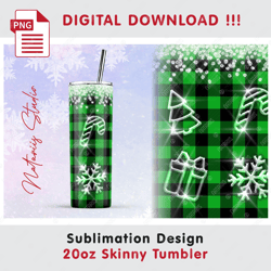 Christmas Buffalo Plaid and Ice  Pattern - Seamless Sublimation Pattern - 20oz SKINNY TUMBLER - Full Wrap