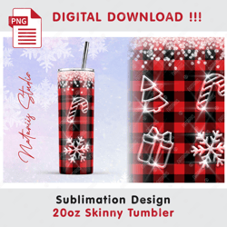 Christmas Buffalo Plaid and Ice  Pattern - Seamless Sublimation Pattern - 20oz SKINNY TUMBLER - Full Wrap