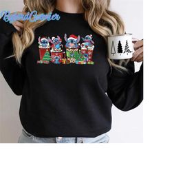 Stitch Christmas Coffee Sweatshirt, Disney Couples Xmas Latte Drink Cup Lights Shirt, Lilo Stitch Christmas Shirt, Disne