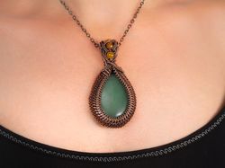 Large green aventurine and yellow agate pendant Unique copper wire wrapped necklace 7th Anniversary gift copper jewelry