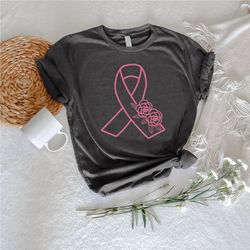 Floral Pink Ribbon Tee, Breast Cancer Gifts, Ribbon Roses TShirt PNGs, Rose Shirt PNG, Breast Cancer Awareness T-Shirt P