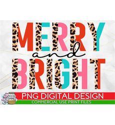 Merry & Bright Half Leopard Pink Blue PNG Print File for Sublimation Or Print, Christmas Sublimation, Winter Sublimation