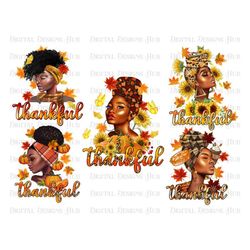 Thankful Autumn Black Girl Png Bundle, Pumpkin, Sunflower, Fall Leaves Png Sublimation Design, African American Girl Png
