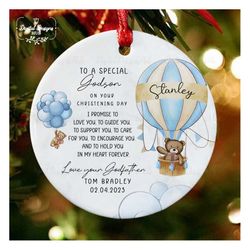 personalized baptism ornament 2023, teddy bear balloon ceramic ornament, baptism gift for baby boy, catholic baptism gif
