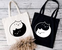 Cute Cat Tote Bag, Cat Lover Gifts, Yin Yang Cat Bags, Cat Mom Tote Bag,Cat Boot Totes,Reading Tote Bag,Pet Lover Librar
