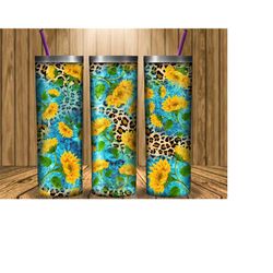 Turquoise Leopard Sunflower Tumbler Png, Sunflower Tumbler Png, 20oz Skinny Tumbler Sublimation PNG, Leopard Turquoise Tumbler Design