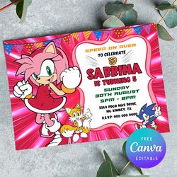 Amy Rose Birthday Inviation, Amy Rose Birthday Girl Invitation Printable Sonic Invitation Template Canva Editable