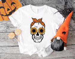 Sunflower Skull Shirt PNG, Halloween Gifts, Skull Bandana TShirt PNGs, Halloween Mom Tee, Horror Woman T-Shirt PNG,Fall
