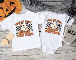 trick or treat brush your teeth bodysuit,halloween dental gifts,spooky dentist baby shirt png,halloween tooth t-shirt pn