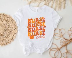 custom nurse shirt png, personalized nurse gift, retro nurse name tee, thanksgiving nursing tshirt png, halloween fall l