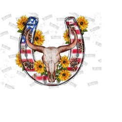 USA Flag Horseshoe Bull Skull Sunflower Png,  USA Flag Bull Skull Png, Sunflowers Horseshoe Png, Western Sublimations, American Sublimation