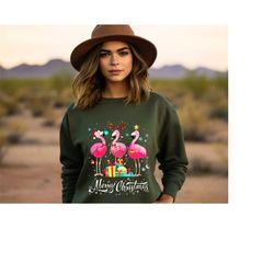 Merry Christmas Flamingo Sweatshirt, Christmas Shirts for Women Girls, Christmas Flamingo Sweatshirt, Cute Flamingo Chri