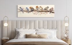 Panoramic Small Birds Perched On a Branch Watercolor Painting Farmhouse Decor  Print On Long Horizontal Canvas Framed Un