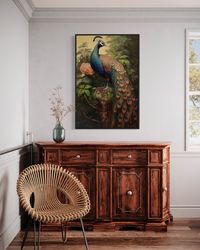 peacock painting printed on canvas - chinese exotic wall art canvas print - vertical framed or unframed ready to hang.jp