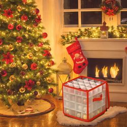 1 set box with 64 room, christmas ornament storage box snowflake christmas storage containers with 64 compartment zipper
