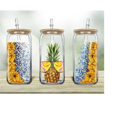 Pineapple Glass Sunflower 16oz Libbey Glass Png, 16oz Libbey Cup, Libbey Cup Png Sublimation Design, Summer Design Png,