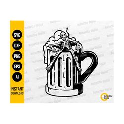 smoking skeleton on beer mug svg | party alcoholic drink bar pub cigar drunk alcohol | cutting files clip art vector digital dxf png eps ai