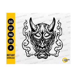 Smoking Hannya SVG | Oni Mask SVG | Japanese Demon T-Shirt Vinyl Decals Graphics | Cut File Printable Clip Art Vector Digital Dxf Png Eps Ai