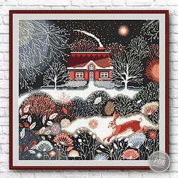 Winter Cross Stitch, Scandinavian Style Hare, Winter Forest Cross Stitch, Modern Winter House Cross Stitch, PDF 384