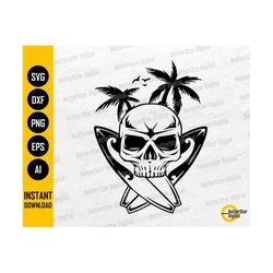 Surfing Skull SVG | Beach Crossbones SVG | Summer Island Waves Surf Palm Trees | Cutting File Cuttable Clipart Vector Digital Dxf Png Eps Ai