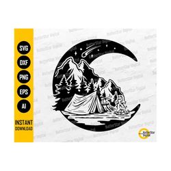 Camping Scene Crescent Moon SVG | Outdoor DIY T-Shirt Sticker Decal Vinyl Graphics | Cricut Cut Files Clip Art Vector Digital Dxf Png Eps Ai