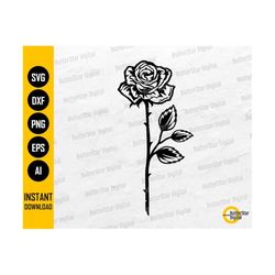 Long Stem Rose SVG | Cute Flower T-Shirt Stencil Vinyl Drawing Illustration Graphics | Cricut Cut File Clipart Vector Digital Dxf Png Eps Ai