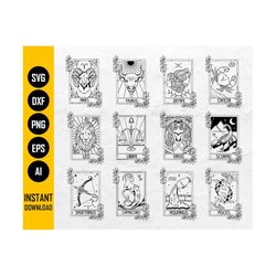 Zodiac Sign Floral Cards BUNDLE SVG | Horoscope T-Shirt Decal Gift Symbol Decor | Cricut Silhouette Printable Clipart Digital Dxf Png Eps Ai